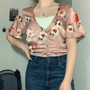 Pink Floral Flowy Cropped Button Up